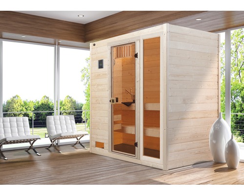 Sauna en bois massif Weka Valida GTF avec poêle 7,5 kW et commande numérique, avec fenêtre et porte entièrement vitrée en verre transparent