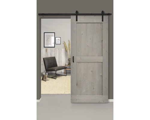 Set complet pour porte coulissante Barn Door Vintage MidBar gris droit 95x215 cm avec vantail, ferrure pour porte coulissante et jeu de poignées