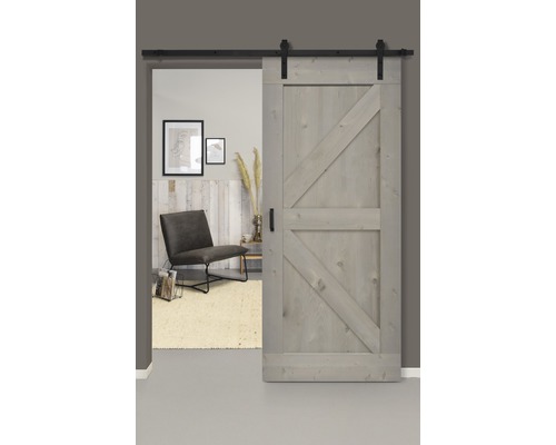 Set complet pour porte coulissante Barn Door Vintage British gris droit 95x215 cm avec vantail, ferrure pour porte coulissante et jeu de poignées
