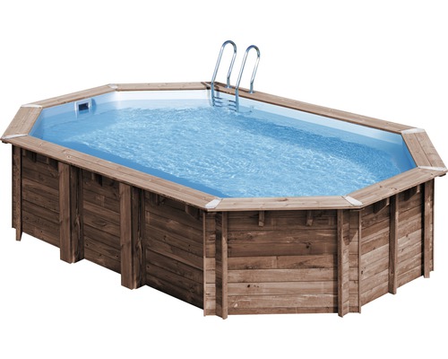 Kit piscine hors sol en bois ovale 632x335x130 cm avec groupe de filtration à sable, skimmer, échelle, sable de filtration et tapis de sol bois