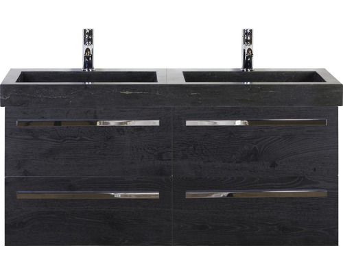 Set de meubles de salle de bains Sanox Seville lxhxp 121 x 58 x 45,5 cm couleur de façade noir avec vasque en pierre naturelle noir