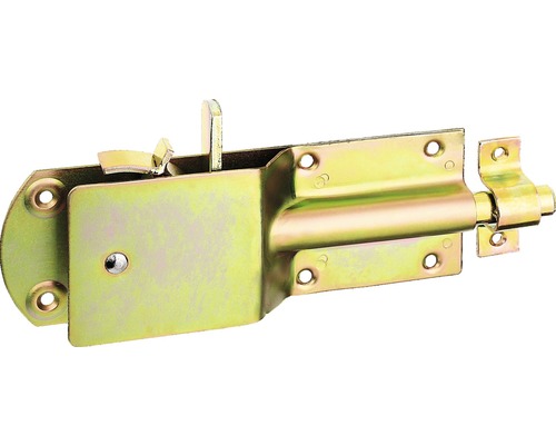 Sicherheits-Stallriegel leicht mit flachem Griff und Schlaufe, 200 x 70 mm, Galv. gelb verzinkt