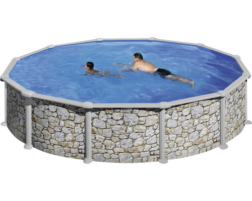 Kit piscine hors sol à paroi en acier Solo rond Ø 460x120 cm avec skimmer intégré aspect pierre Kit piscine hors sol à paroi en acier Solo rond Ø 460x120 cm avec skimmer intégré aspect pierre