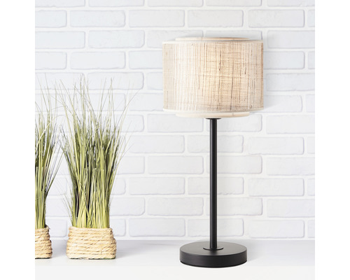 Lampe de table bambou/métal 1 ampoule hxØ 450x220 mm Odar beige/noir écran bambou + textile avec commutateur à câble