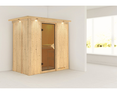 Sauna modulaire Karibu Mariado sans poêle avec couronne et porte vitrée coloris bronze