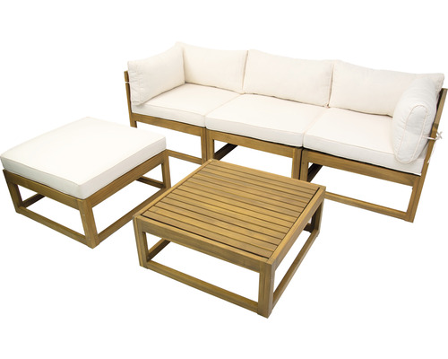 Salon de jardin 4 places composé de: fauteuil, tabouret, table en bois y compris galettes d'assise