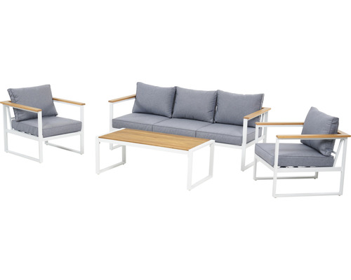 Ensemble de meubles de jardin Lina 5 places composé de: banc, table, 2 fauteuils alu aspect bois blanc