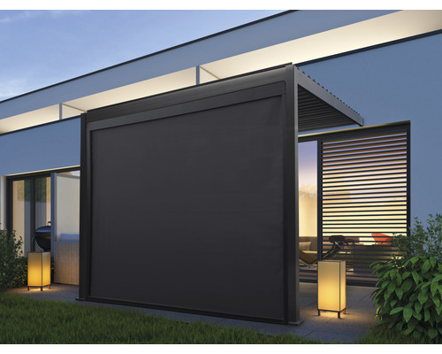 Store banne pergola avec toit à lamelles 3x3 piètement gris ardoise RAL 7015 avec système d'ombrage vertical