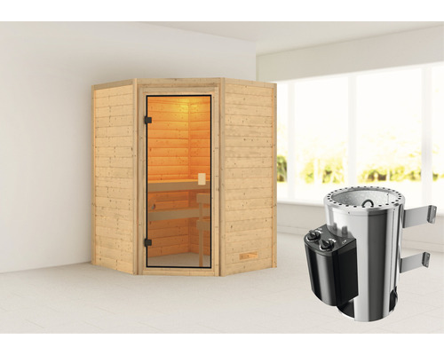 Sauna Plug & Play Woodfeeling Antonia avec poêle 3,6 kW et commande intégrée, sans couronne, avec porte entièrement vitrée couleur bronze