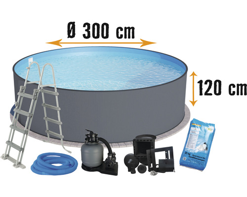 Kit piscine hors sol à paroi en acier rond Ø 300x120 cm avec groupe de filtration à sable, échelle, skimmer intégré, sable de filtration et flexible de raccordement gris