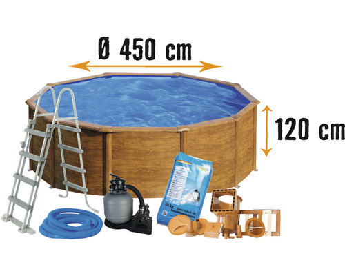 Ensemble de piscine hors sol à paroi en acier Planet Pool ronde Ø 450x120 cm avec groupe de filtration à sable, skimmer intégré, échelle, sable de filtration et flexible de raccordement aspect bois