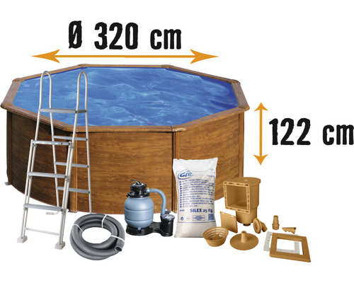 Aufstellpool Stahlwandpool-Set rundØ 320x122 cm inkl. Sandfilteranlage, Skimmer, Leiter & Filtersand Holzoptik