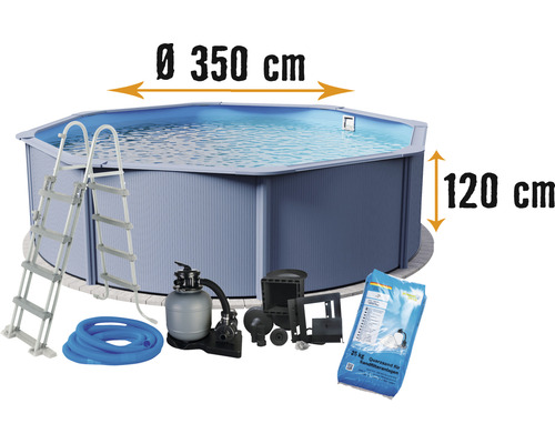Kit piscine hors sol à paroi en acier Classic rond Ø 350x120 cm avec groupe de filtration à sable, skimmer intégré, échelle, sable de filtration et flexible de raccordement anthracite