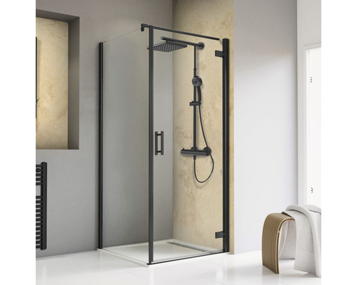 Porte de douche avec paroi latérale SCHULTE TouraPlus 80 couleur du profilé noir décor de vitre verre transparent avec verre antitache EP666214-3 68 500 68 68 39