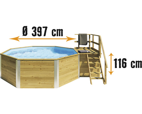 Jeu piscine bois massif Weka 593 B taille 1 rond Ø 397x116 cm avec groupe de filtration à sable, skimmer intégré, sable de filtration, tapis intissé de protection du sol et local technique avec escaliers en bois et main courante