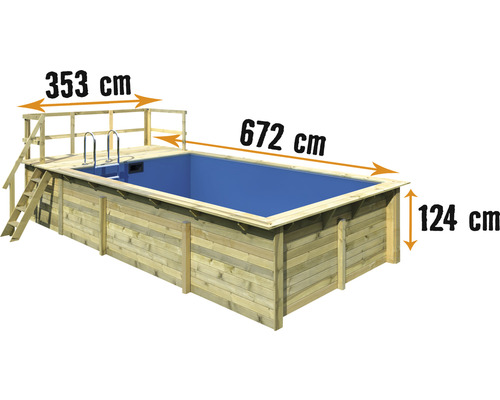Aufstellpool Holzpool-Set Karibu Grösse 3 rechteckig 672x353x124 cm inkl. Bodenschutzvlies, Innenauskleidung mit Keilbiese & Leiter mit Plattform
