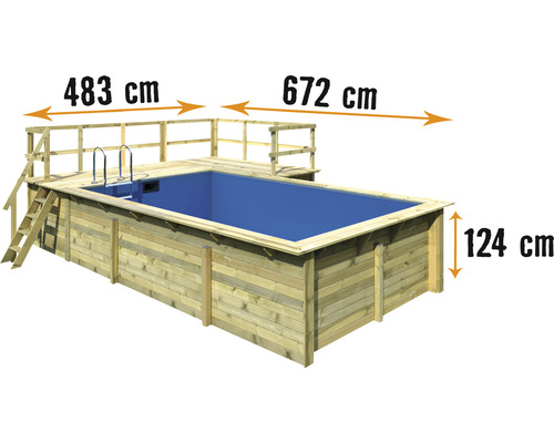 Kit piscine en bois Karibu rectangulaire 15550 l avec tapis de sol, habillage intérieur avec rebord de fixation et échelle avec plate-forme en L