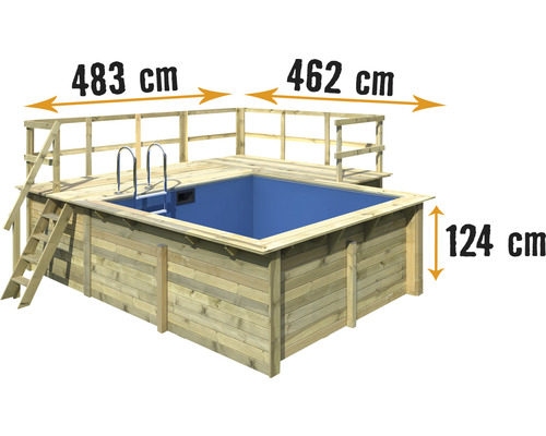 Aufstellpool Holzpool-Set Karibu Grösse 1 rechteckig 462x483x124 cm inkl. Bodenschutzvlies, Innenauskleidung mit Keilbiese, Leiter mit L-Plattform