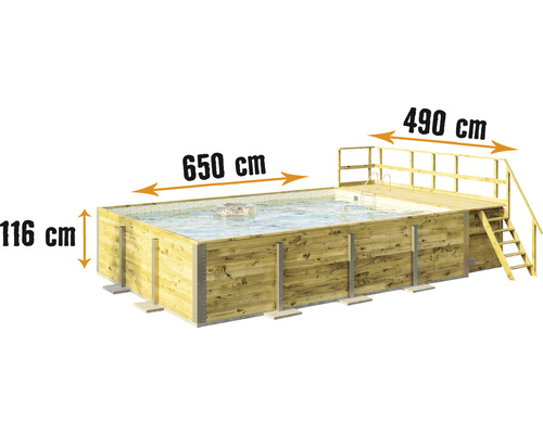 Piscine hors sol en bois weka rectangulaire 650 x 490 x 201 cm 21133 l bois avec intissé de protection du sol, système de filtration, sable filtrant, revêtement intérieur