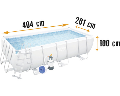 Kit piscine hors sol tubulaire Bestway Power Steel™ rectangulaire 404x201x100 cm avec groupe de filtration à sable et échelle gris