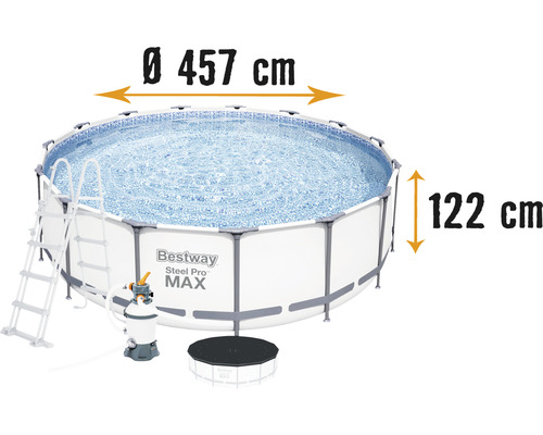 Ensemble de piscine tubulaire hors sol Bestway Steel Pro MAX™ ronde Ø 457x122 cm avec groupe de filtration à sable, échelle et bâche de recouvrement gris clair
