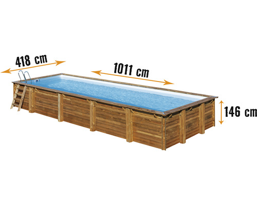 Kit piscine hors sol en bois rectangulaire 1011x418x146 cm avec groupe de filtration à sable, skimmer, échelle, sable de filtration et tapis de sol bois