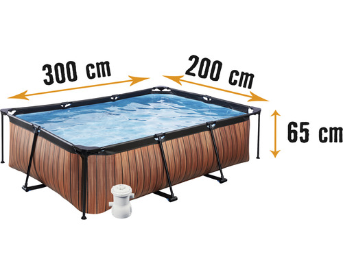 Kit piscine hors sol tubulaire EXIT WoodPool rectangulaire 300x200x65 cm avec épurateur à cartouche aspect bois