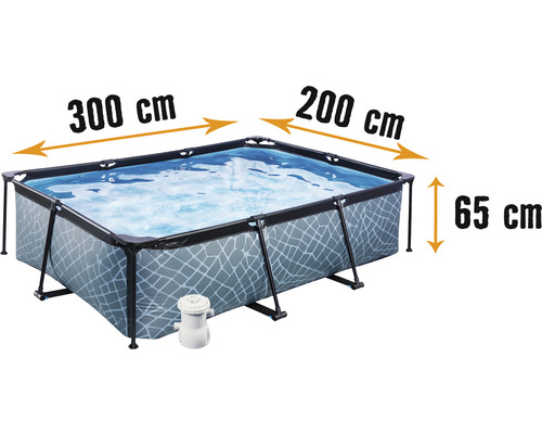 Kit piscine hors sol tubulaire EXIT StonePool rectangulaire 300x200x65 cm avec épurateur à cartouche aspect pierre