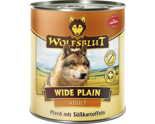 Pâtée pour chien WOLFSBLUT Wide Plain Adult, cheval avec patates douces avec des supers aliments précieux, sans céréales, sans gluten 800 g