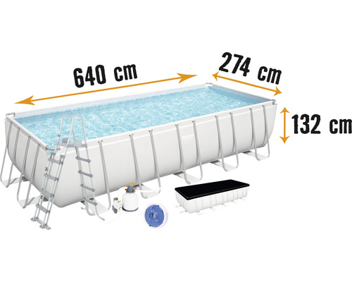 Kit de piscine hors sol tubulaire Bestway Power Steel™ rectangulaire 640x274x132 cm avec groupe de filtration à sable gris