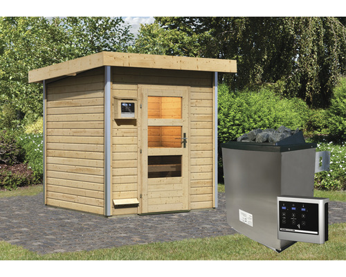 Chalet sauna Karibu Adea avec poêle 9 kW et commande externe sans vestibule avec porte en bois avec verre transparent