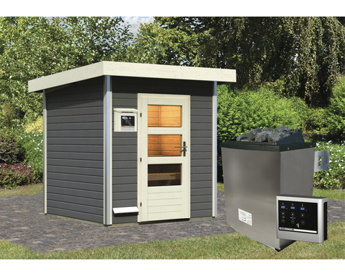 Chalet sauna Karibu Adea avec poêle 9 kW et commande externe sans vestibule avec porte en bois avec verre transparent gris terre cuite/blanc