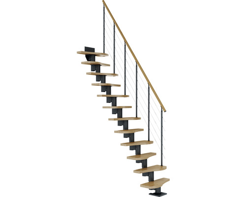Escalier à limon central Pertura Vaia anthracite variable 64 cm avec garde-corps 11 marches/12 pas de marche chêne vernis