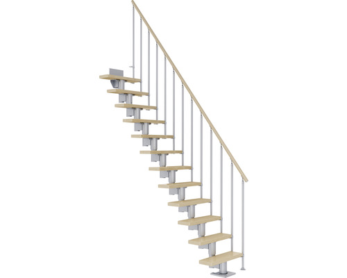 Escalier à limon central Pertura Spiros gris perle droit 75 cm 11 marches/12 pas de marche érable vernis avec garde-corps unilatéral avec barres de garde-corps verticales