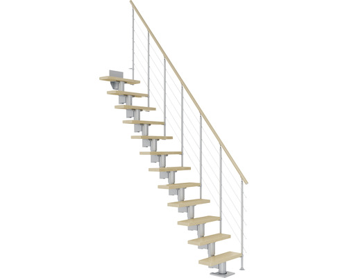 Escalier à limon central Pertura Spiros gris perle droit 65 cm 11 marches/12 pas de marche érable vernis avec garde-corps unilatéral avec barres en acier inoxydable parallèles