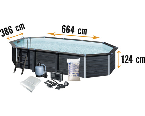 Piscine hors sol kit piscine WPC ovale 664x386x124 cm avec groupe de filtration à sable, skimmer, échelle, sable filtrant, tapis de sol et projecteur LED gris