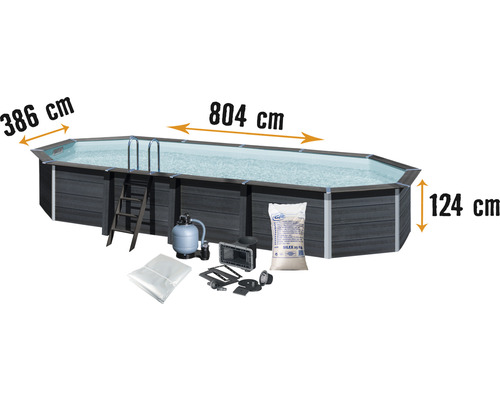 Aufstellpool WPC-Pool-Set Gre oval 804x386x124 cm inkl. Sandfilteranlage, Skimmer, Leiter, Filtersand & Bodenschutzvlies grau