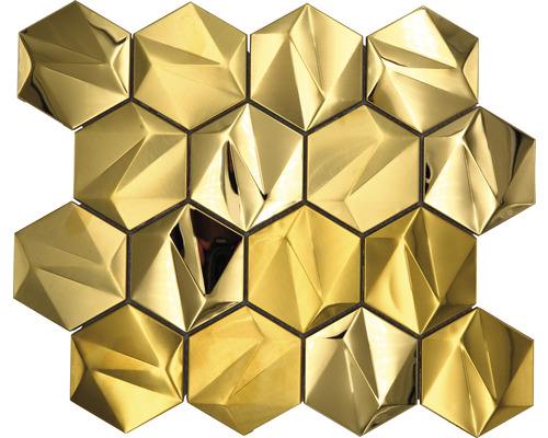 Mosaïque en métal HXM 30GO hexagone 3D acier or brillant 25,7x29,7cm