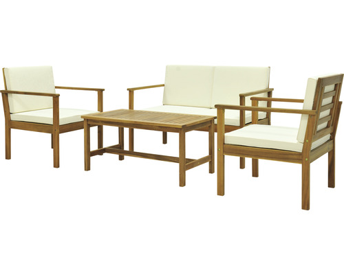 Ensemble de meubles de jardin Alina Garden Place 4 places en bois composé de : table, 2 chaises, banc deux places, galettes d'assise