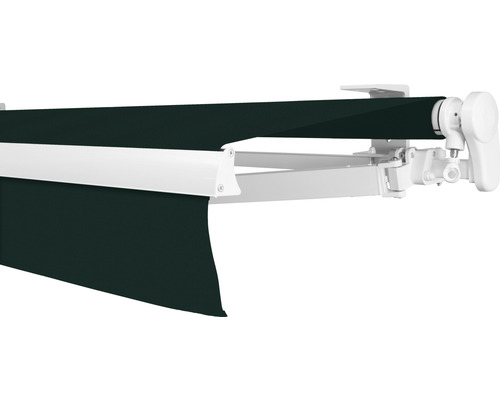 Store banne à bras articulé SOLUNA Proof 2,5x2 tissu dessin 6687 châssis RAL 9010 blanc pur entraînement à droite avec manivelle