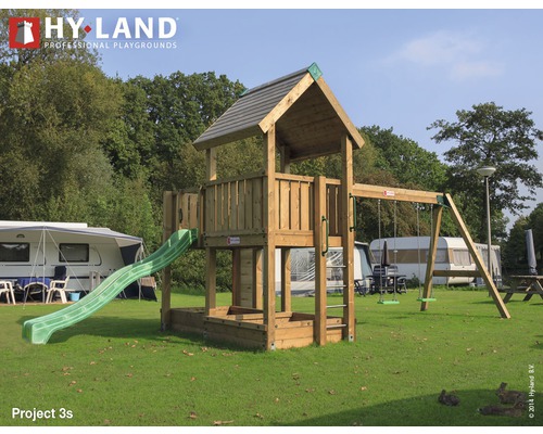 Tour de jeux Hyland Projekt 3S bois avec bac à sable, balançoire double, toboggan vert