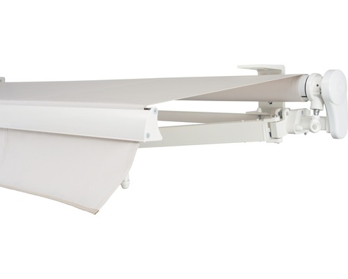 Store banne à bras articulé SOLUNA Proof 2,5x2 tissu dessin 6020 châssis RAL 9016 blanc signalisation avec manivelle