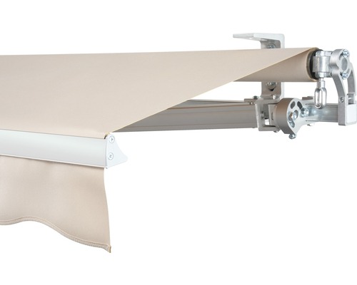 Store banne à bras articulé SOLUNA Concept 3x2 tissu dessin 8902 châssis RAL 9006 blanc aluminium avec manivelle