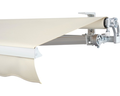Store banne à bras articulé SOLUNA Concept 3x2 tissu dessin 6610 châssis argent anodisé avec manivelle