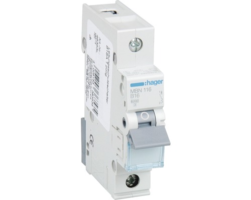 16A HAGER MBN116 DISJONCTEUR MODULAIRE UNIPOLAIRE 16 AMPERES COURBE B PC.6KA 
