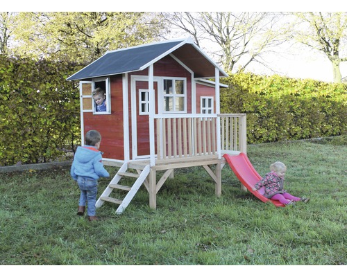 Cabane sur pilotis EXIT Loft 350 en bois avec toboggan rouge-0