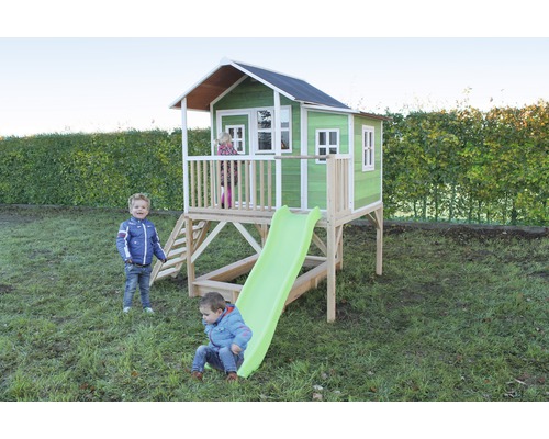 Cabane EXIT Loft 550 bois avec bac à sable, toboggan vert