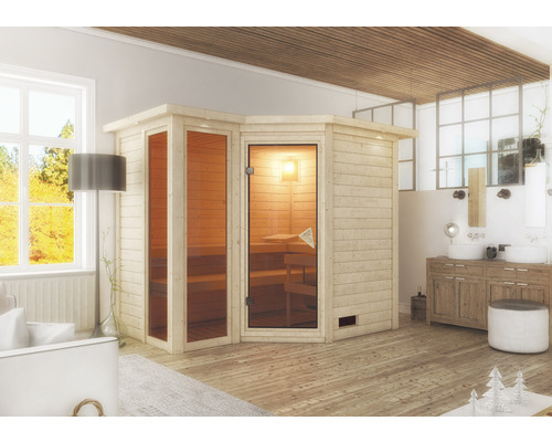 Sauna en bois massif Calienta Limonit y compris poêle 9 kW avec commande extérieure et frise de toit-0