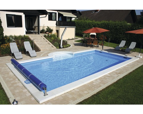 Ensemble de piscine enterrée en polystyrène Planet Pool Luxus P30 700x350x150 cm avec skimmer, intissé de protection du sol, kit de tuyaux et escalier romain